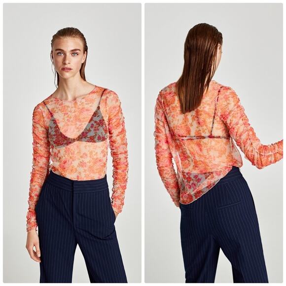 Zara Floral Tulle T-shirt‎ with Gathered Sleeves Round Neckline Size Medium NEW - Picture 1 of 6